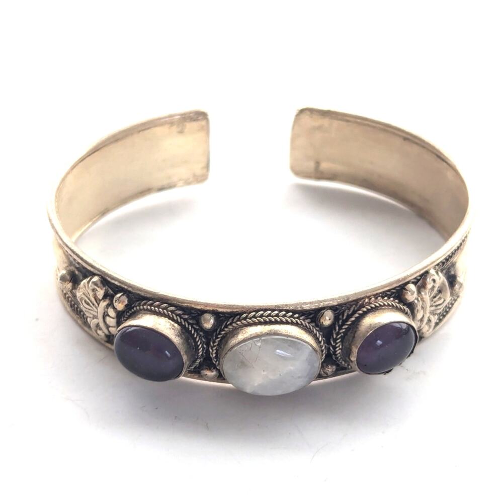 Bohemian Style Artisan Silver Tone Glass Stone Ornate Cuff Bracelet